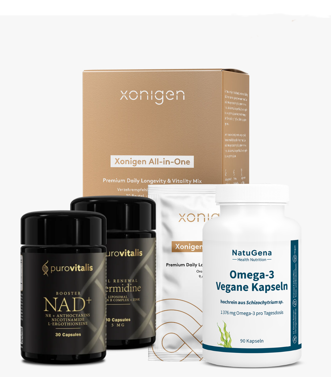 Purovitalis NAD+ Booster + Purovitalis Spermidine + NatuGena Omega 3 Vegane Kapseln + Xonigen All in One